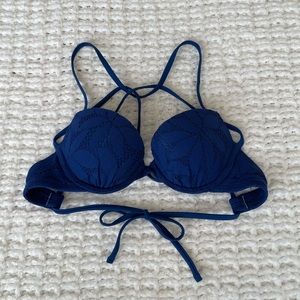 Aerie Royal Blue Crochet Lace Underwire Push-up Strappy Back Bikini Top 32B